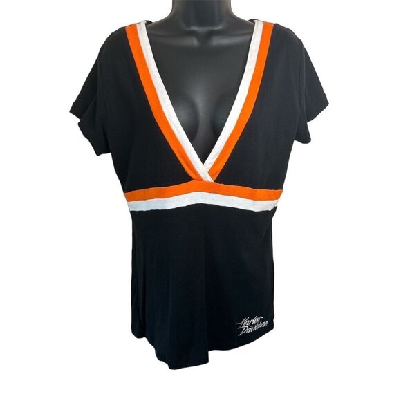 Harley Davidson Tops - Harley Davidson Y2K Babydoll V-Neck Embroidered Top Size XL